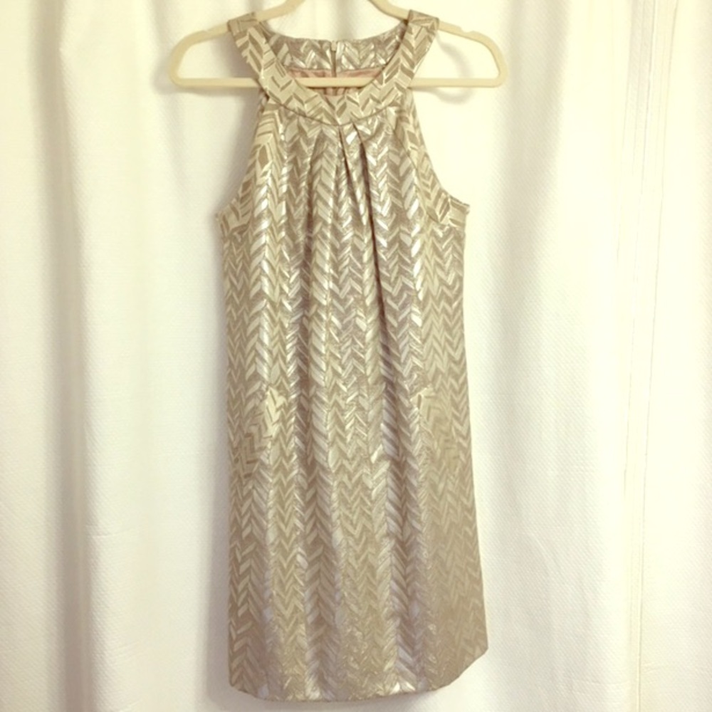 Trina Turk metallic shift dress with pockets